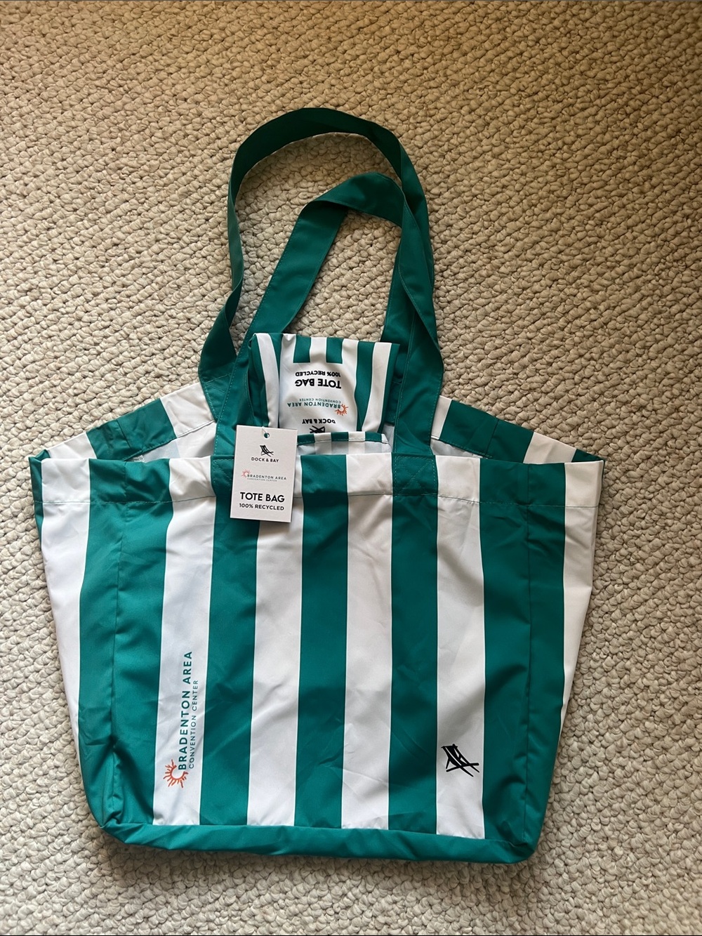 Dick & Bay Striped Green & White Foldaway Tote Bag Brandenton Area